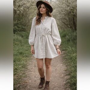 Banana Republic Voile Mini Shirt Dress Ivory & Black Striped Balloon Sleeve Sz M